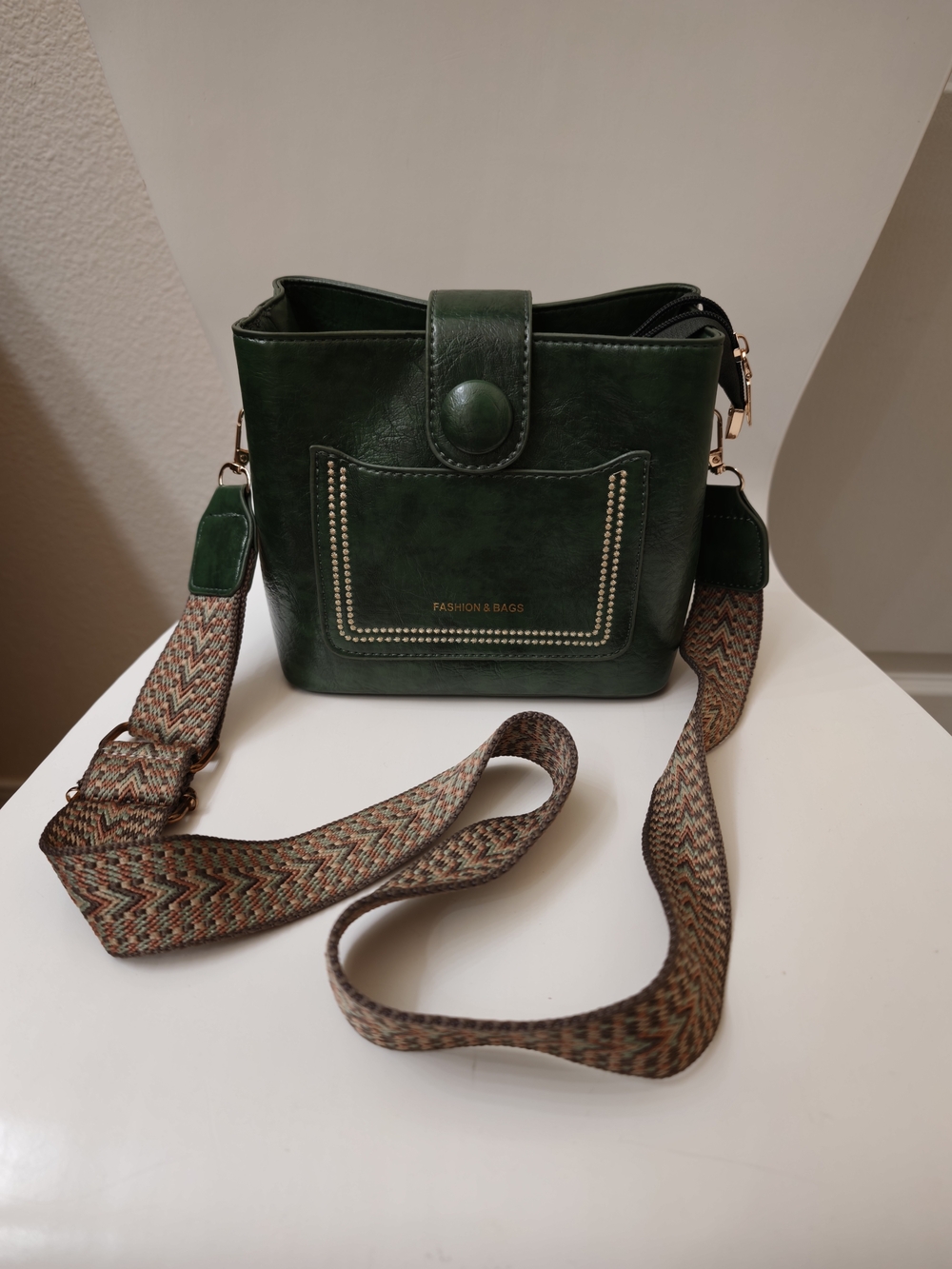 Green Faux Leather Crossbody Bag with Patterned Strap